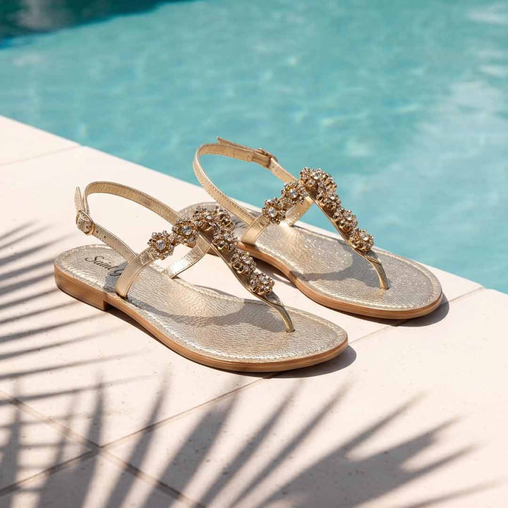 Saint Freesia Crystal Flower Gold Leather Sandals