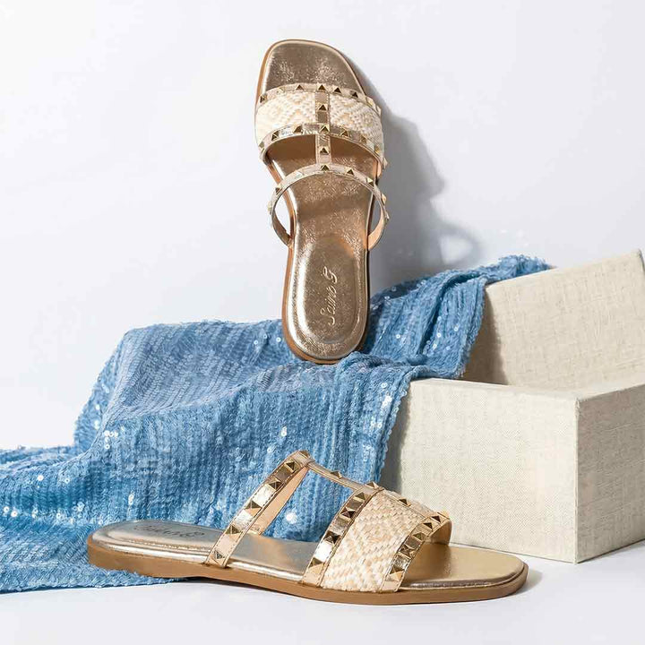 Saint Nylah Raffia & Pyramid Stud Metallic Gold Leather Slide