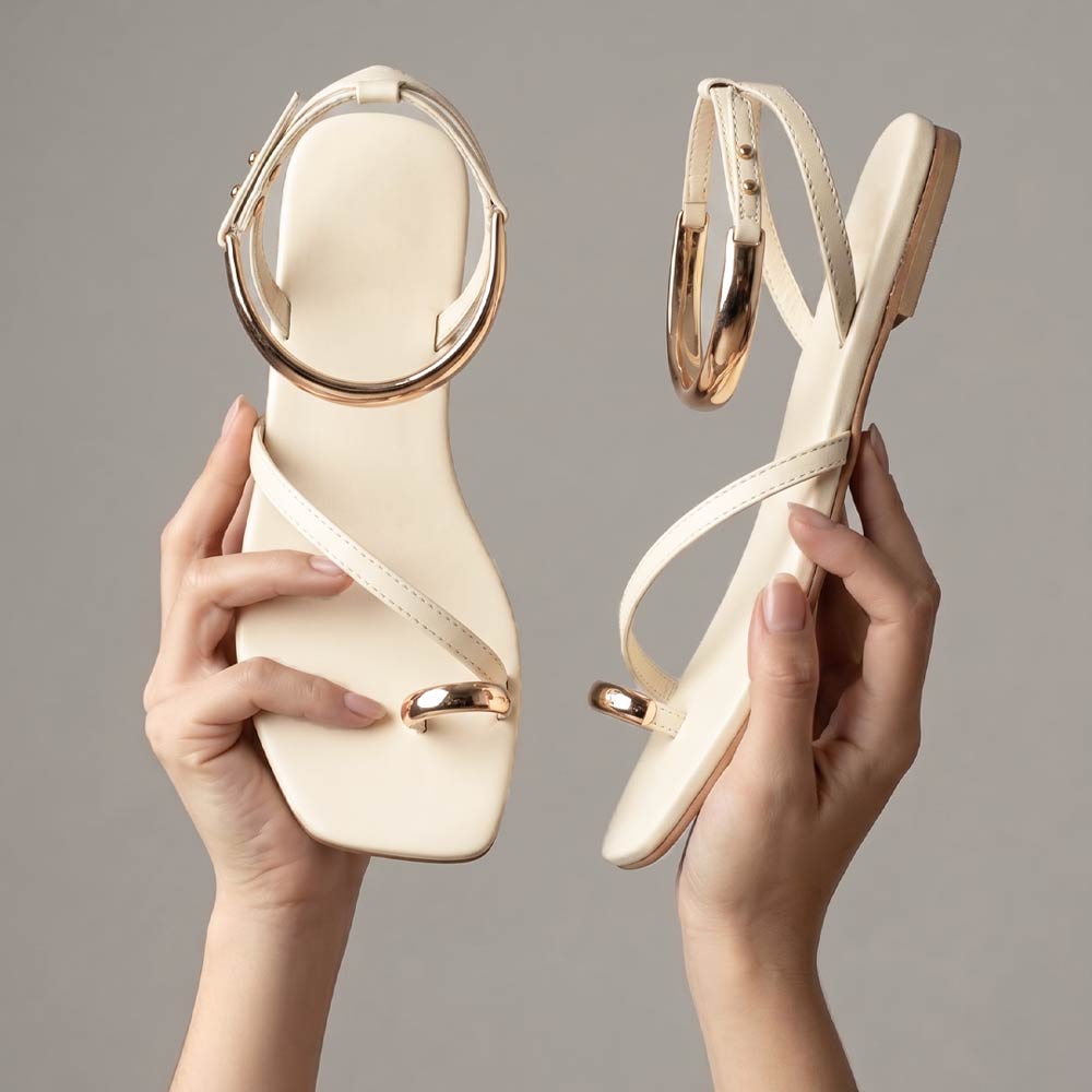 Saint Zinovia Gold-Trim Off White Leather Sandals