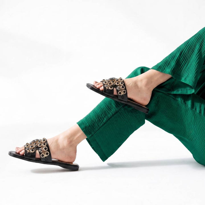 Saint Eileen Embroidered Stone Black Leather Slides