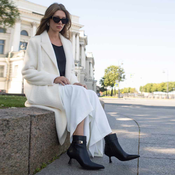 Saint Darcie Buckle Decor Black Leather Ankle Boots