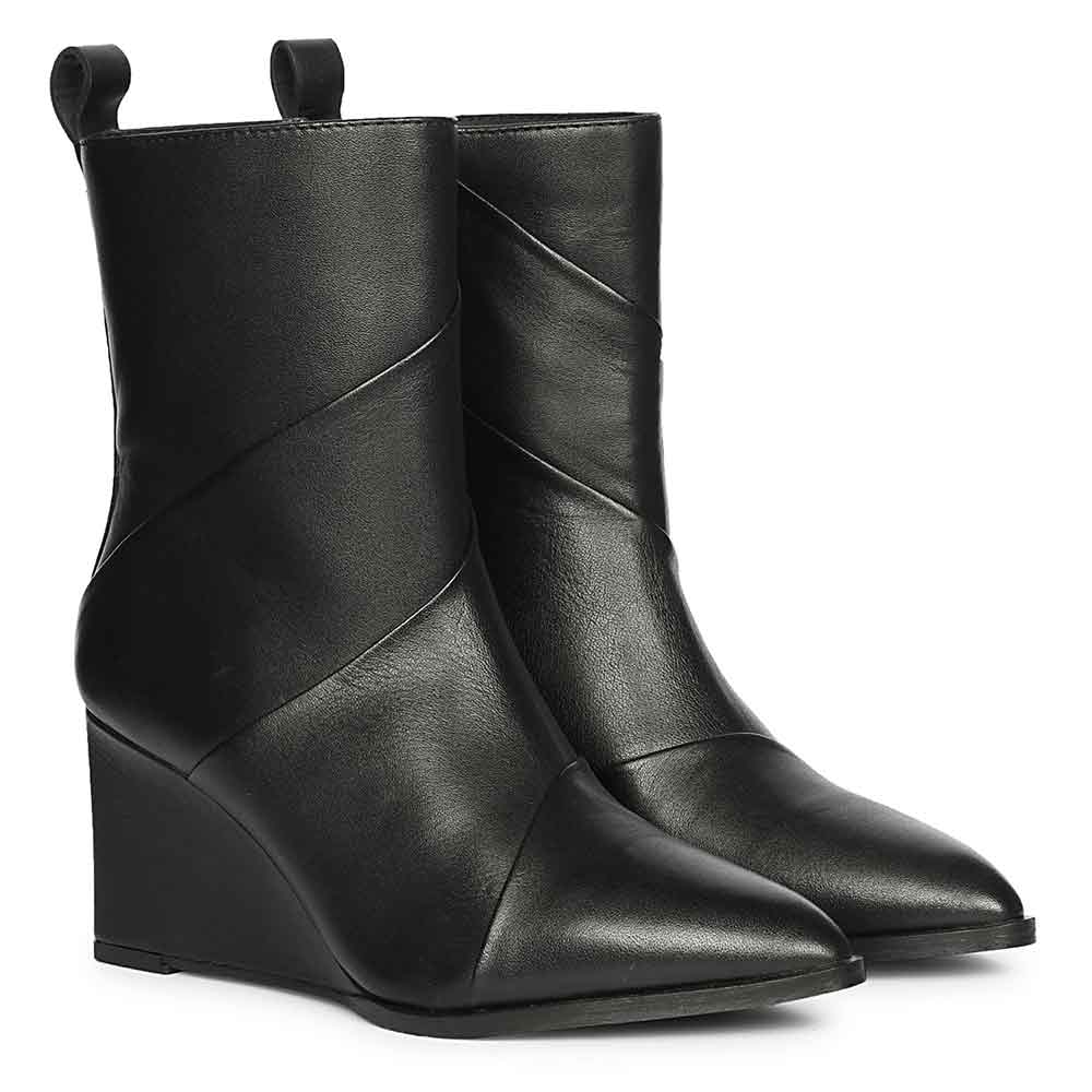 Saint Novara Folded Black Leather Wedge Ankle Boots