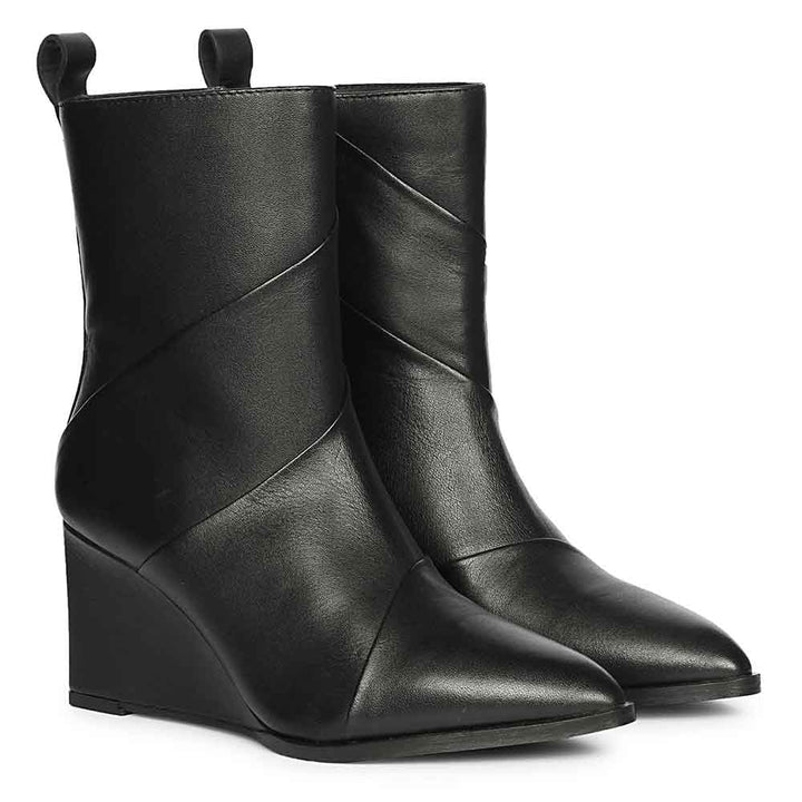 Saint Novara Folded Black Leather Wedge Ankle Boots