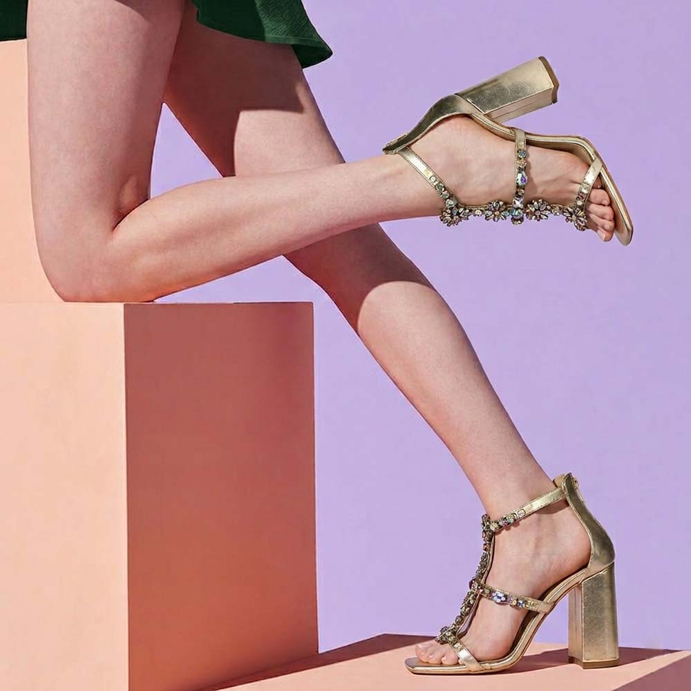 Saint Holly Rainbow Stone Metallic Gold Leather Block Heels