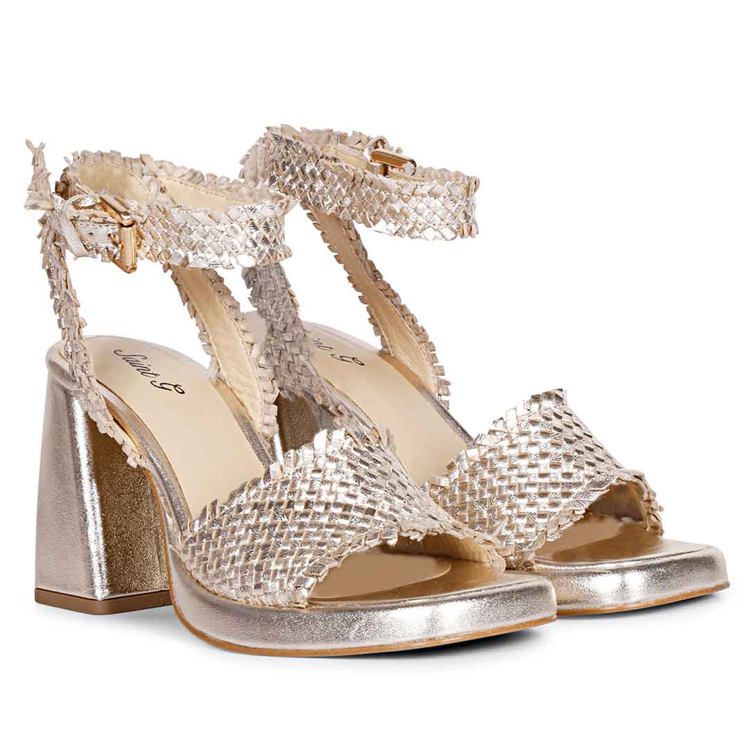 Gold Hand-Woven Leather Heels – Elevate Your Style with Saint Hannah"