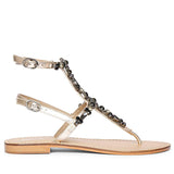 Saint Zuri Black Stone Embellished Gold Leather Flat Sandals