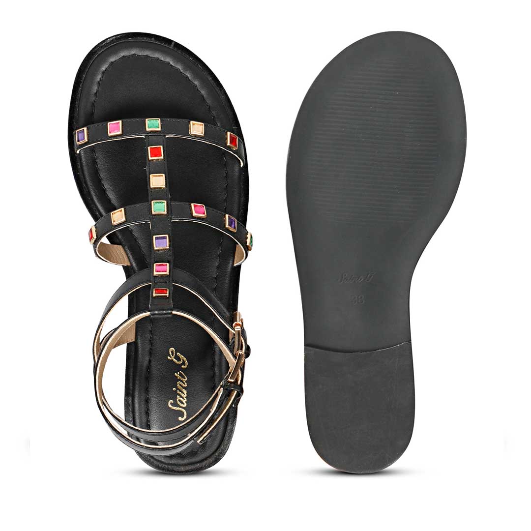 Saint Melina Multi Stone Studded Black Leather Sandals