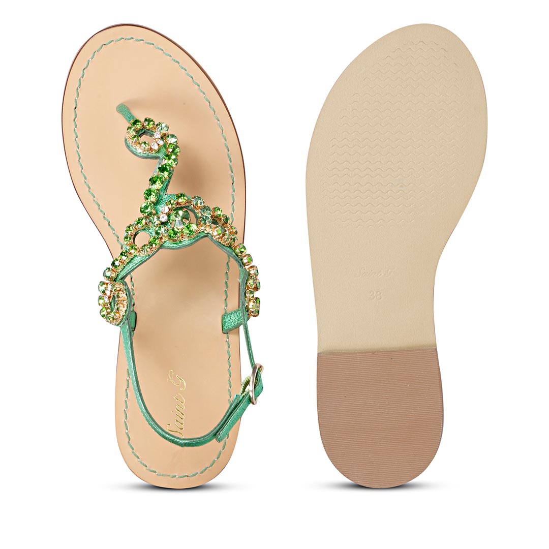 Saint Kaia Gold Stone  Metallic Green Leather Sandals