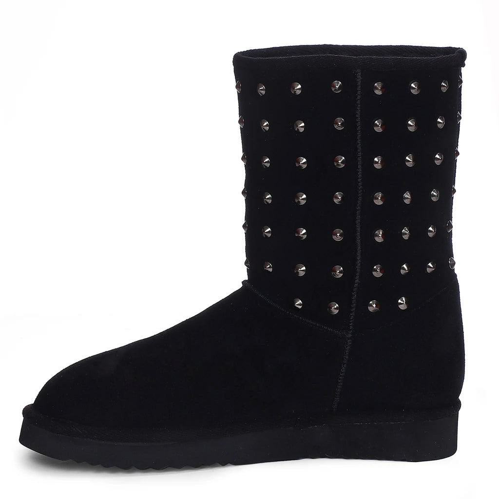 Chic and edgy Saint Estrella Metal Studded Black Suede Snug Boots – your stylish statement for a bold and comfortable stride