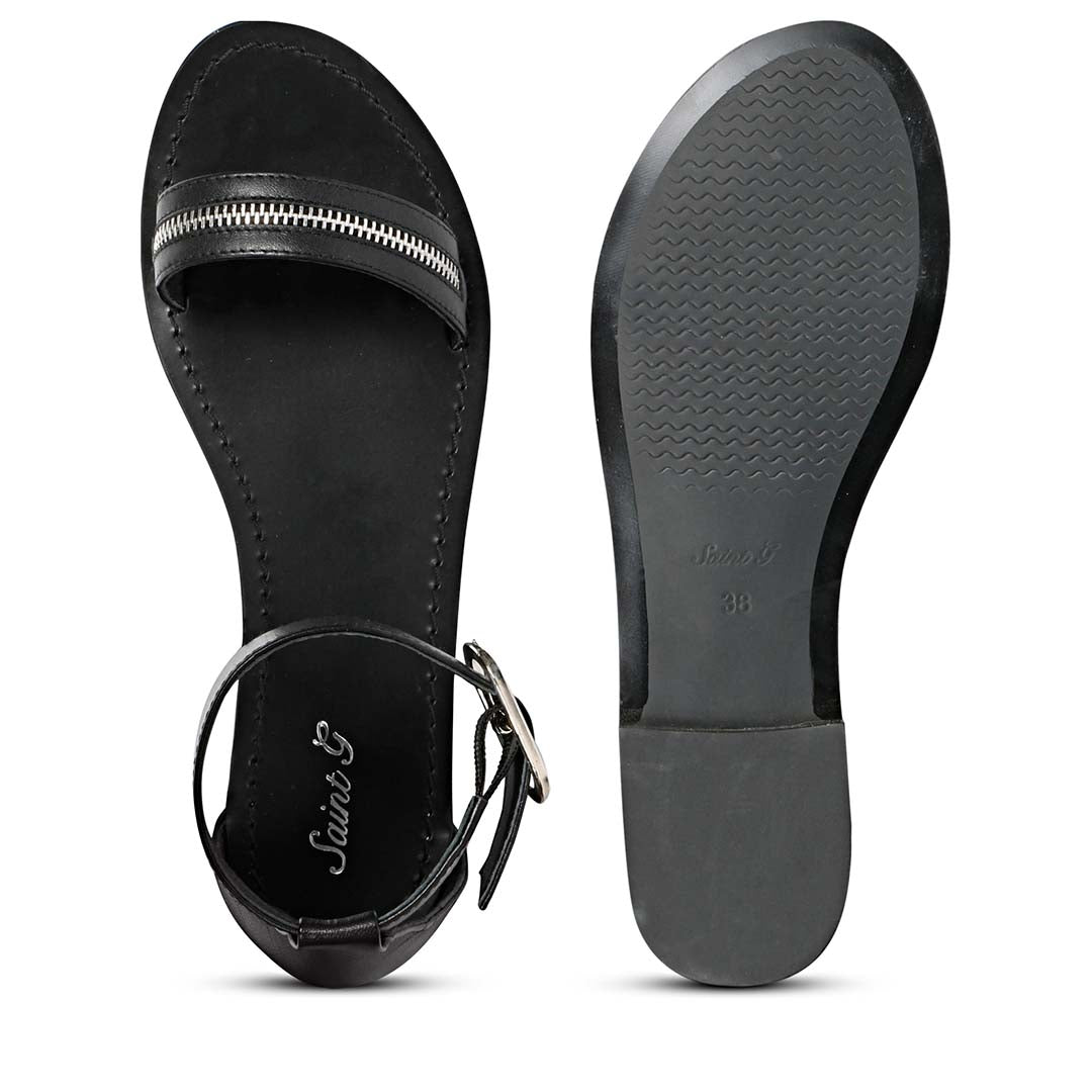 Saint Donelle Zip Decor Black Leather Sandals