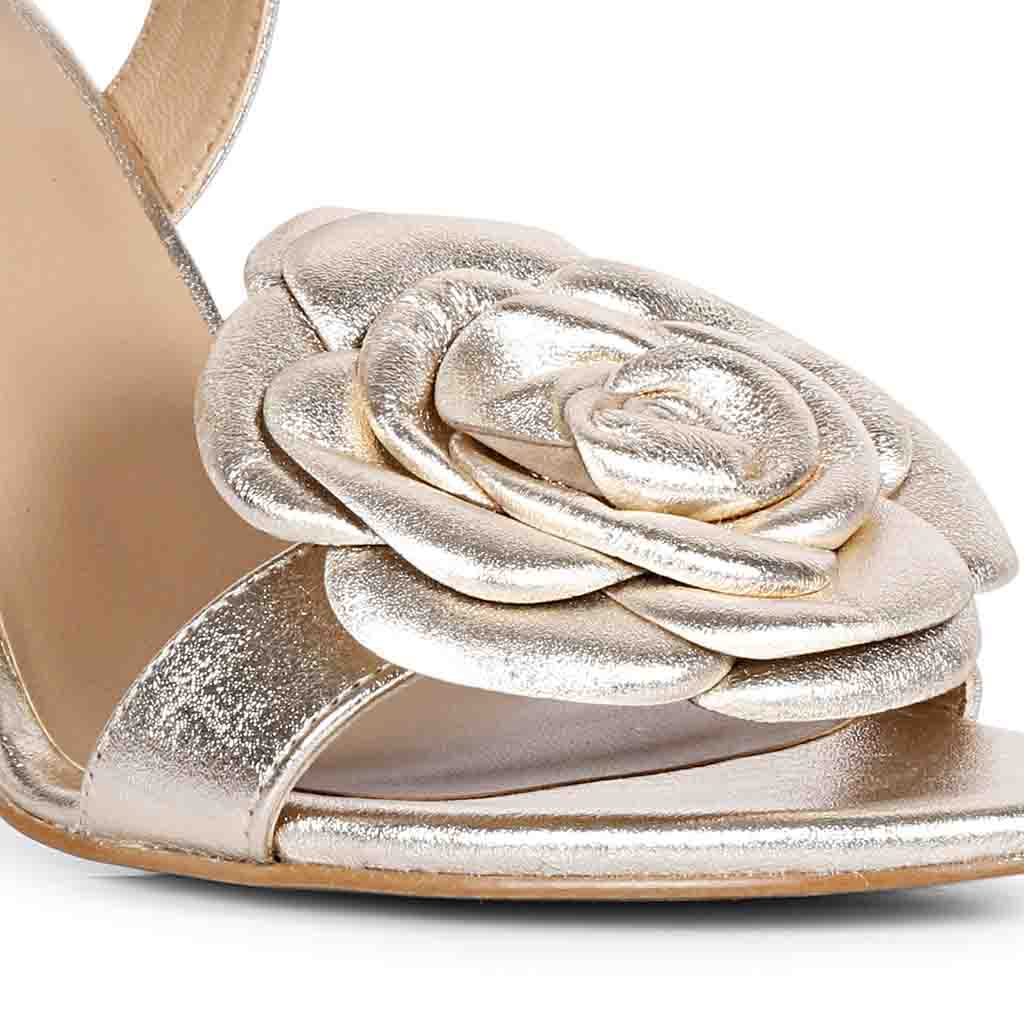 Saint Veronique Flower Embellished Platin Metallic Leather Stilettos