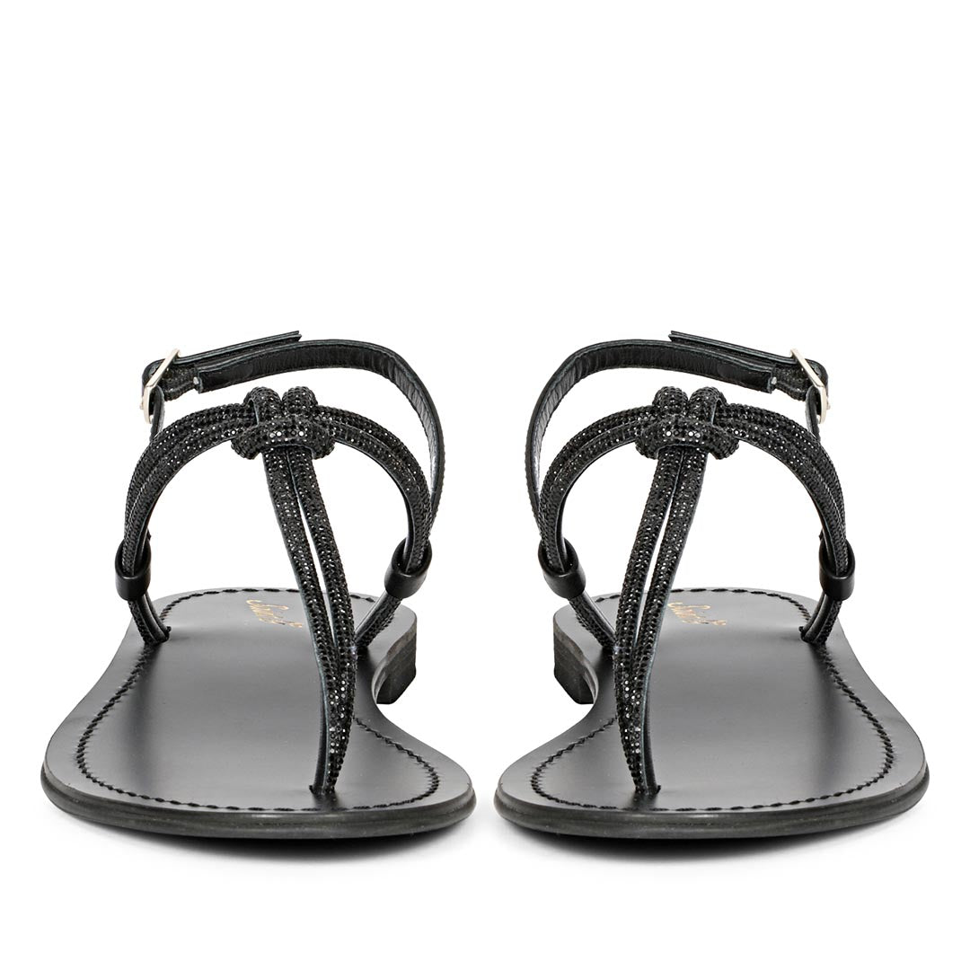 Saint Elsie Crystal Cord Black Leather Flat Sandals