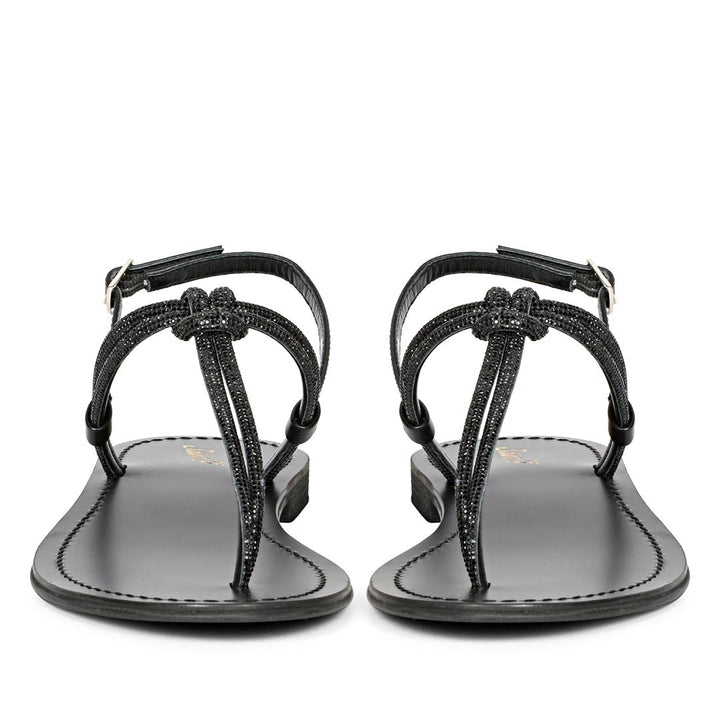 Saint Elsie Crystal Cord Black Leather Flat Sandals