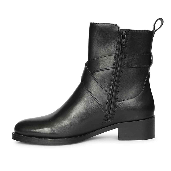 Saint Valentina Gold Buckle Black Leather Ankle Boots