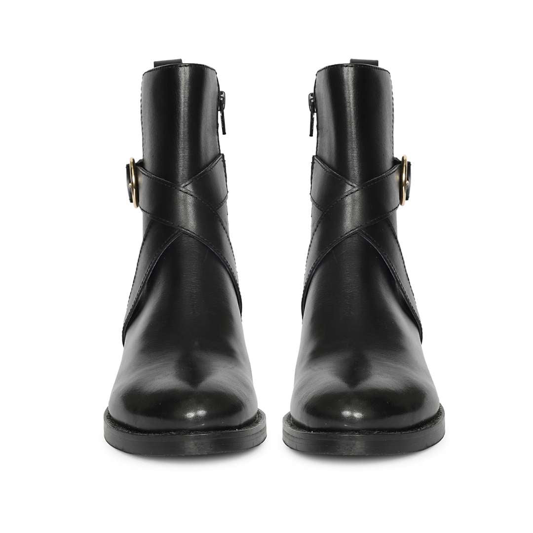 Saint Valentina Gold Buckle Black Leather Ankle Boots
