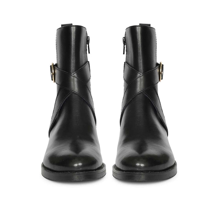 Saint Valentina Gold Buckle Black Leather Ankle Boots