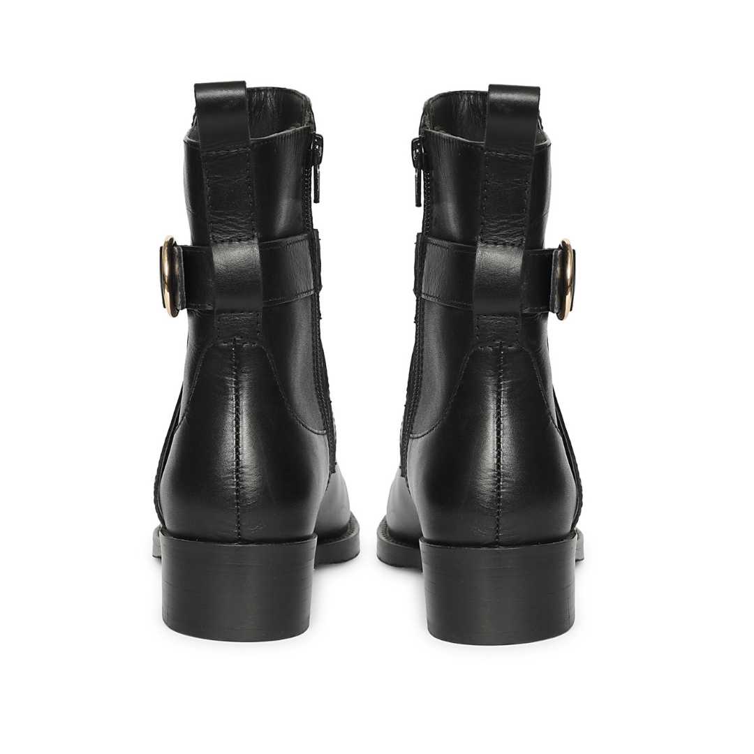 Saint Valentina Gold Buckle Black Leather Ankle Boots