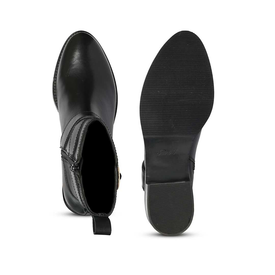 Saint Valentina Gold Buckle Black Leather Ankle Boots