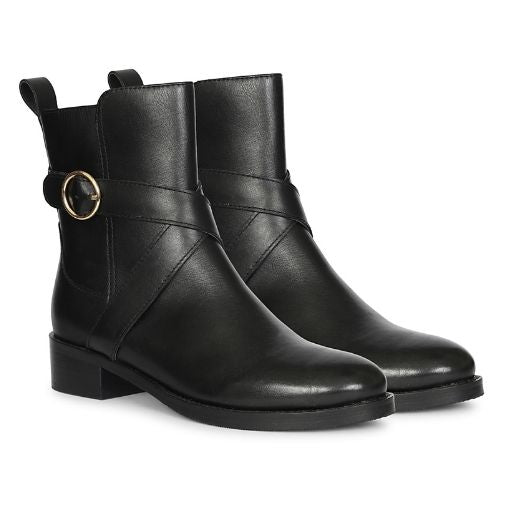 Saint Valentina Gold Buckle Black Leather Ankle Boots