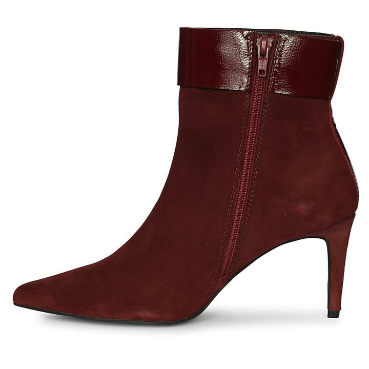 Saint Isabeau Gold Buckle Bordo Suede Stiletto Ankle Boots
