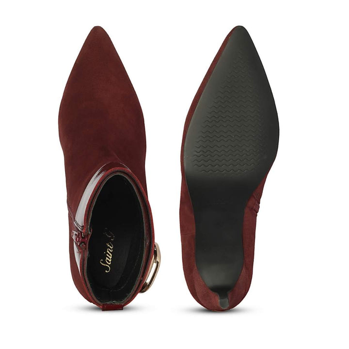 Saint Isabeau Gold Buckle Bordo Suede Stiletto Ankle Boots