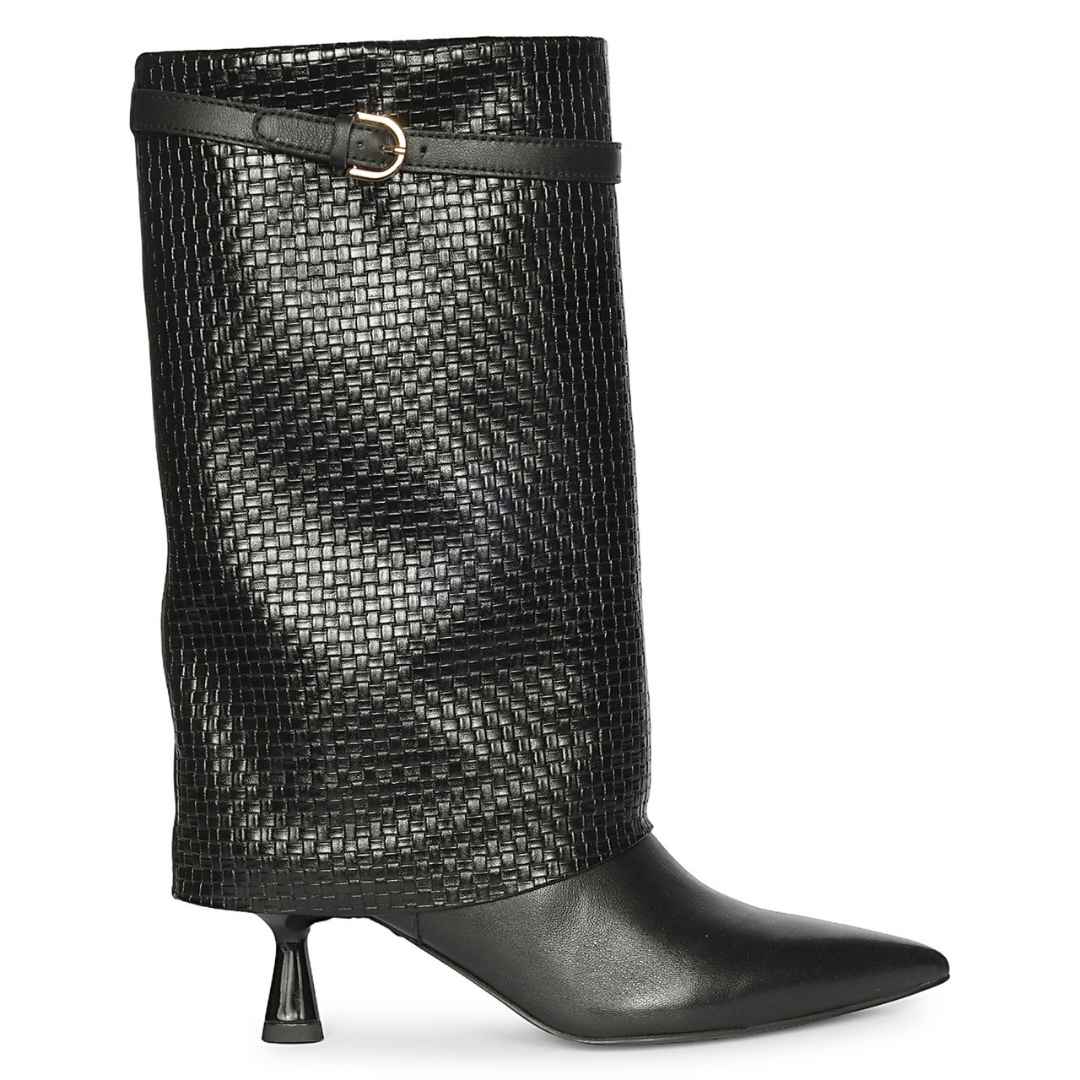 A black knee-high boot featuring a textured, woven upper shaft and a smooth pointed toe with a short conical heel