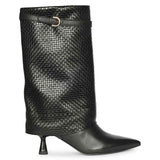 Saint Blaise Black Leather Woven Fold-Over Kitten Long Boots