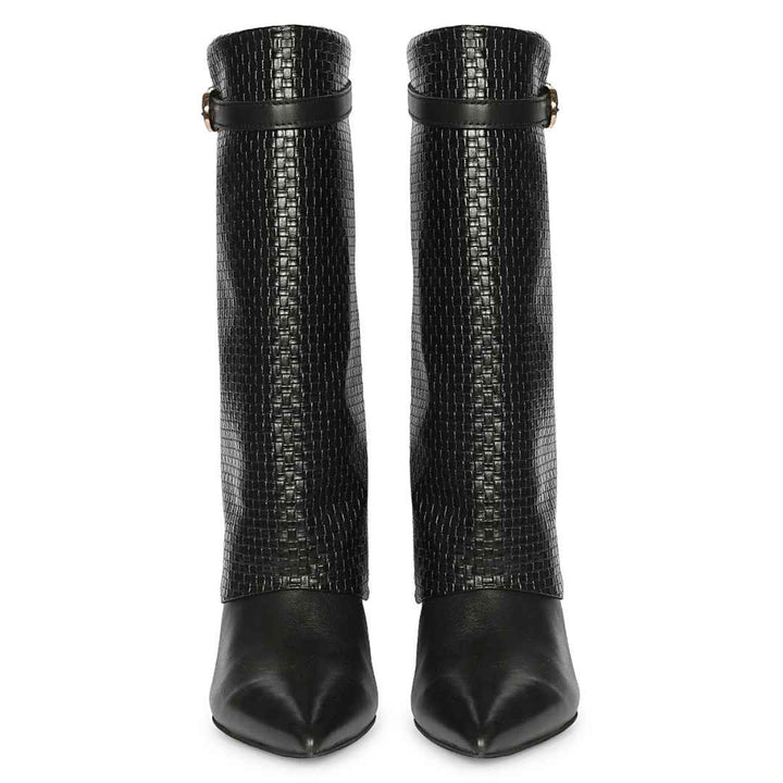Blaise Black Leather Woven Fold Over Kitten Long Boots
