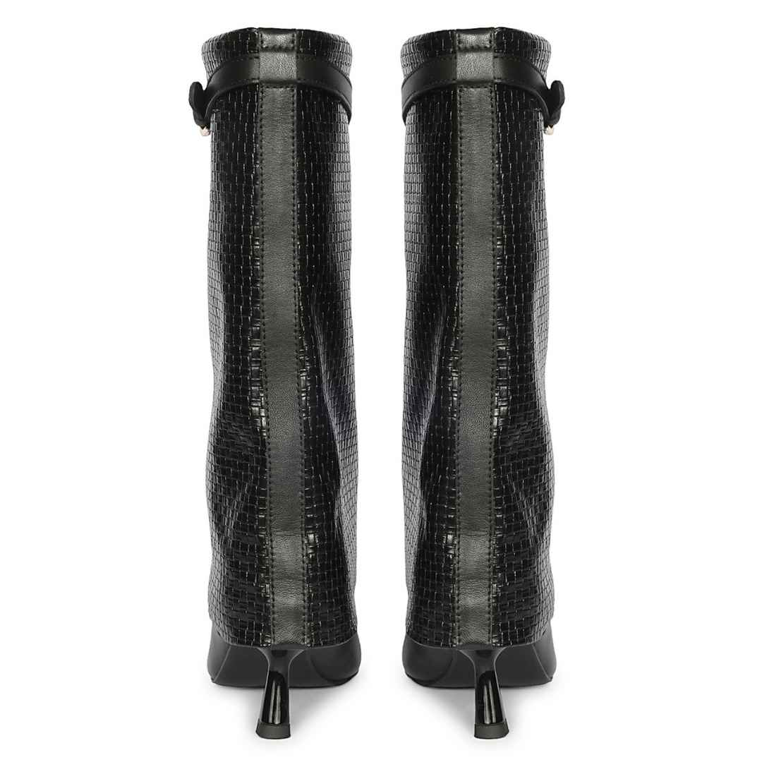 A pair of black mid-calf boots with a crocodile-embossed texture