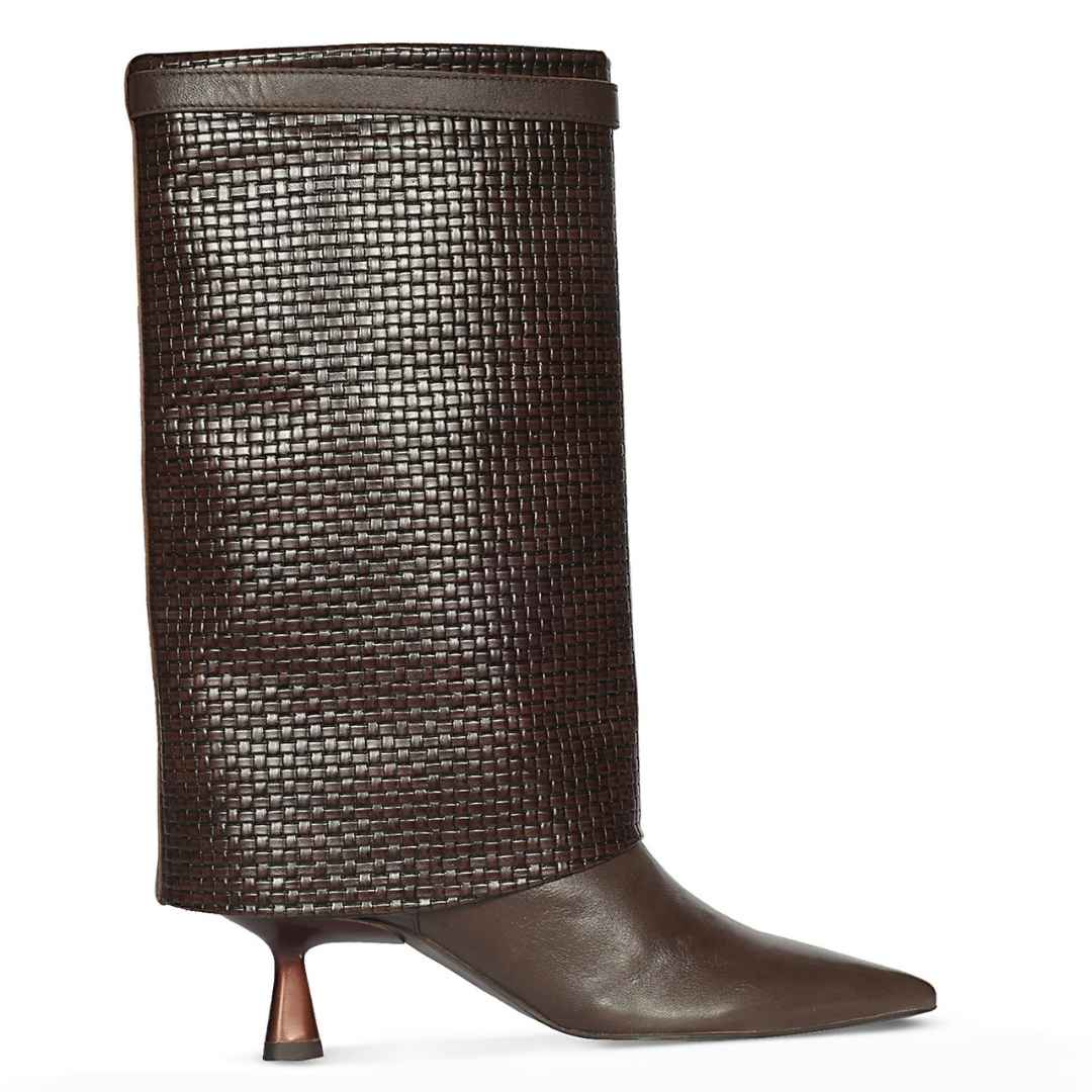 A dark brown leather boot with a woven basket-texture shaft and a pointed toe