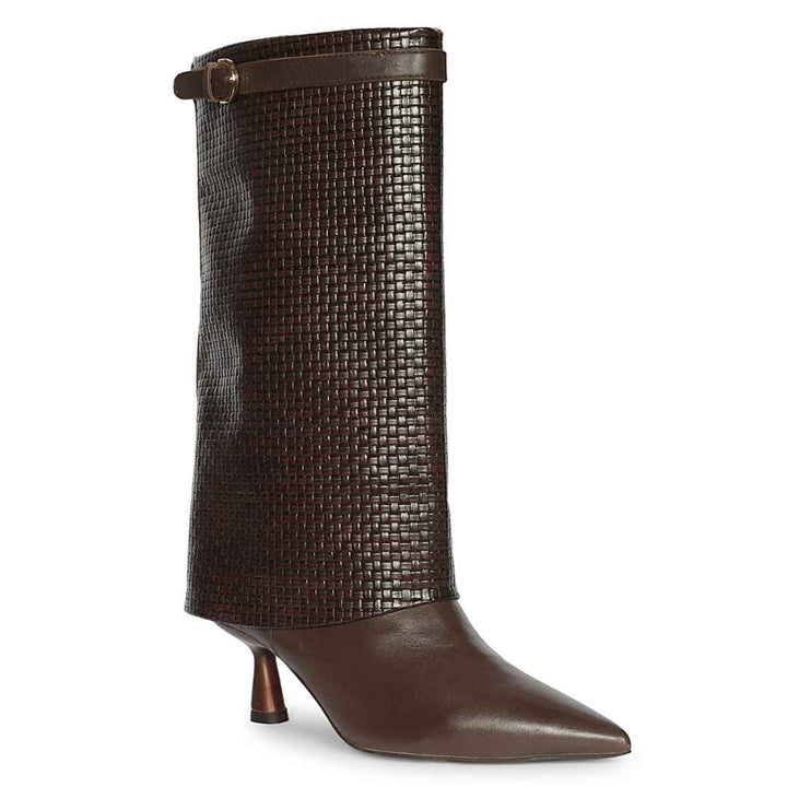 A dark brown knee-high boot featuring a woven leather shaft and a smooth pointed-toe heel with a slim metallic heel accent
