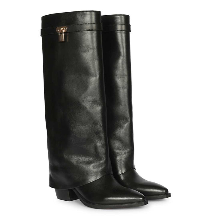 A pair of black leather knee-high boots with a pointed toe and a small gold-tone decorative buckle detail near the top