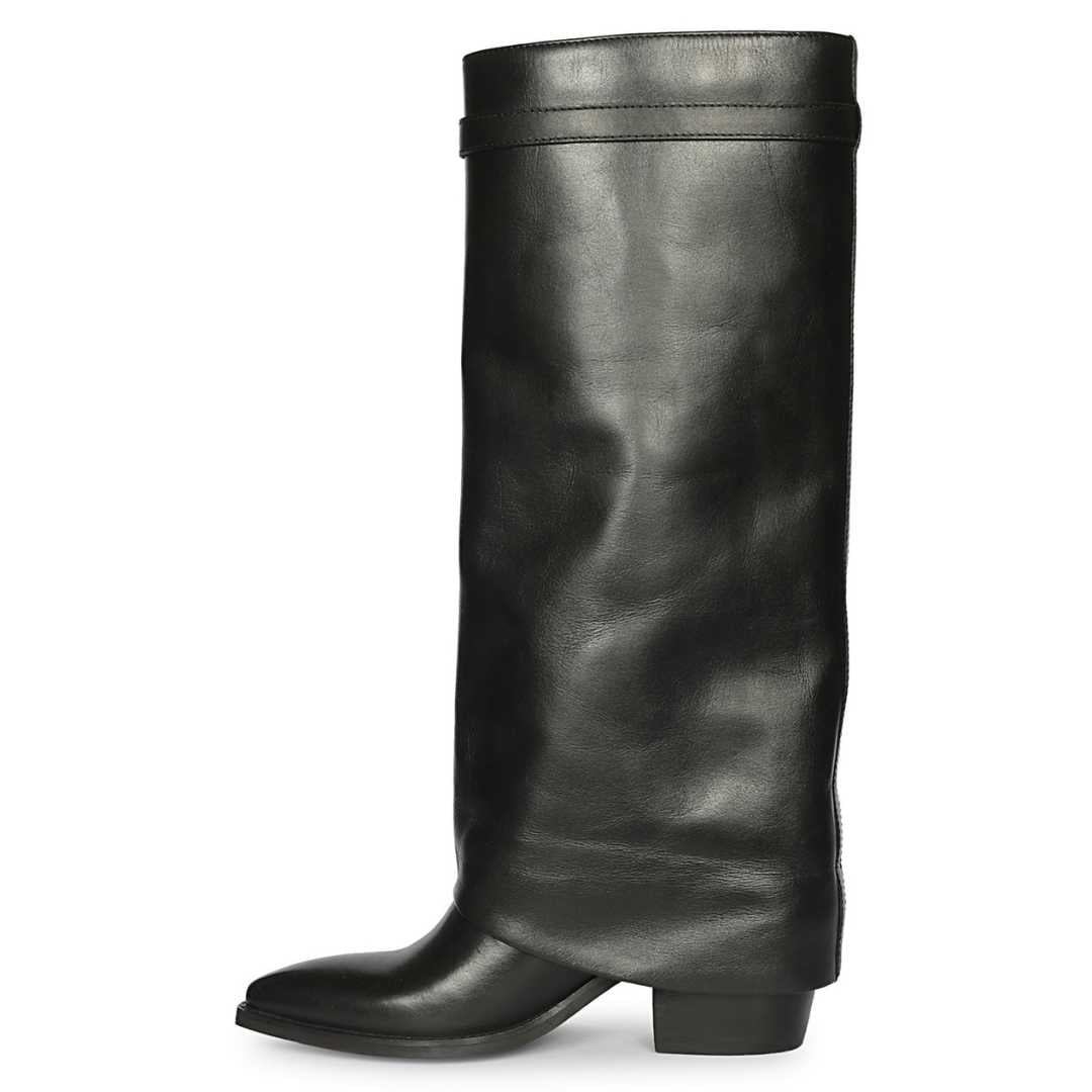 A single black leather knee-high boot with a low block heel and pointed toe