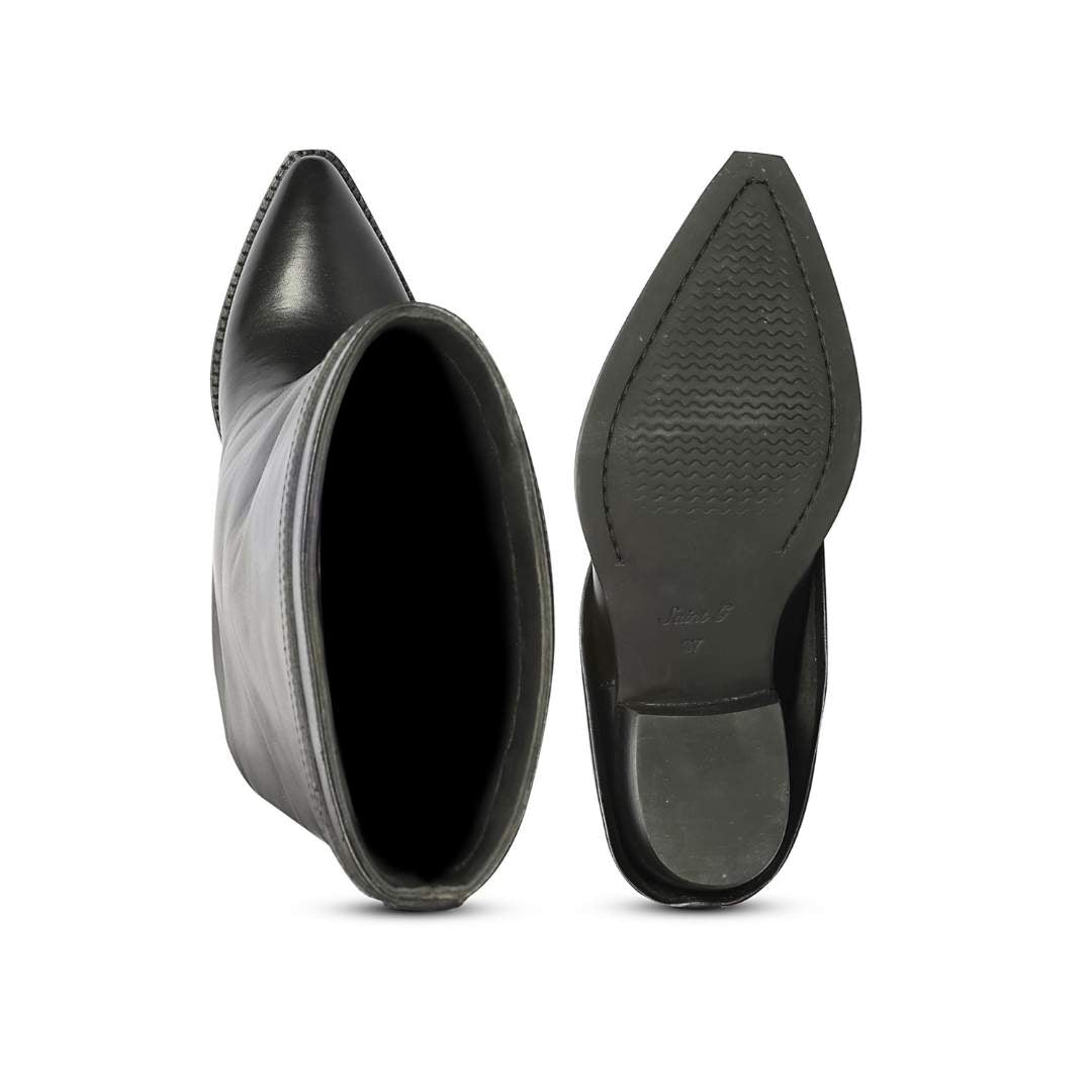 A pair of black leather pointed-toe ankle boots shown from the side and sole views 