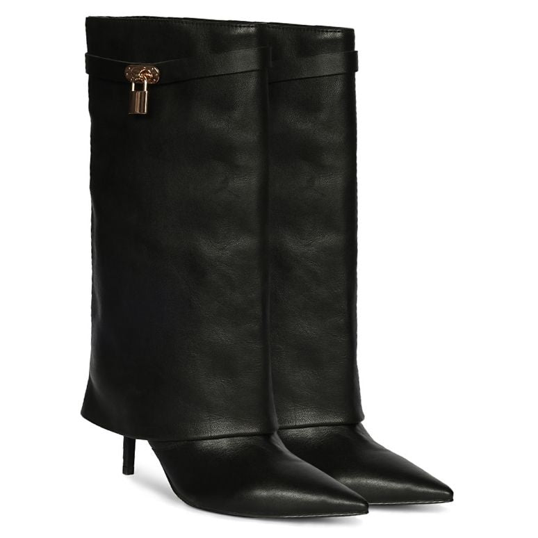 Juniper Black Leather Fold Over Stiletto Boots
