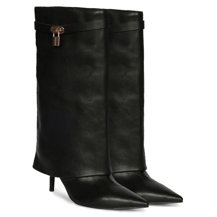 Juniper Black Leather Fold Over Stiletto Boots
