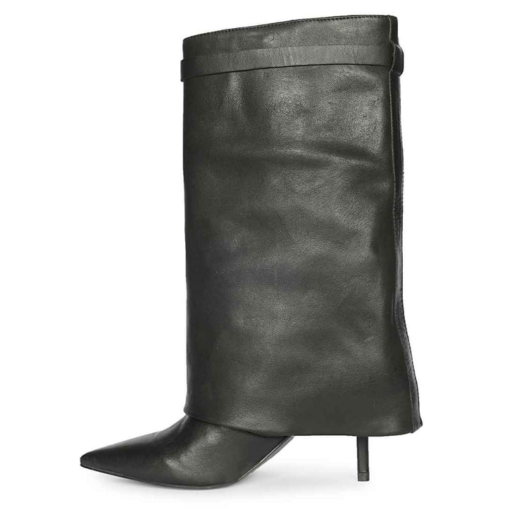 A single black leather knee-high boot with a pointed toe and slim high heel