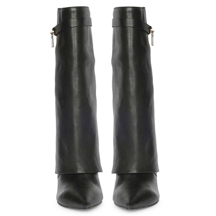 A pair of black leather knee-high boots with pointed toes and a small gold-tone zipper pull on the side