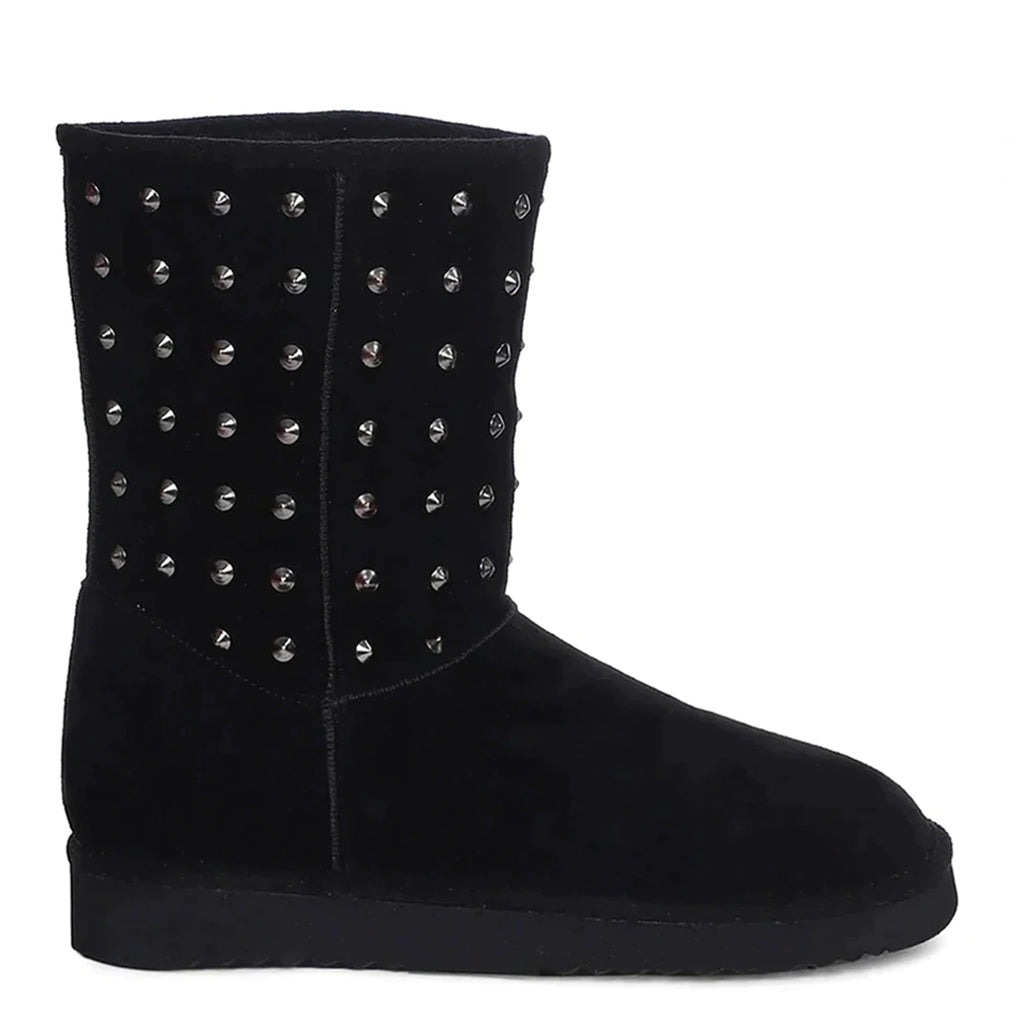 Chic and edgy Saint Estrella Metal Studded Black Suede Snug Boots – your stylish statement for a bold and comfortable stride
