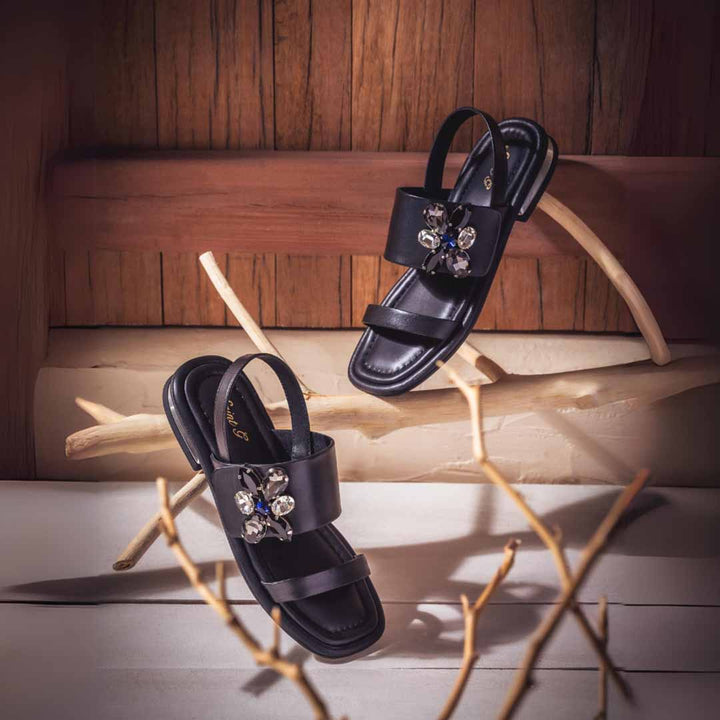 Saint Carona Multi Stone Butterfly Trim Black Leather Sandals