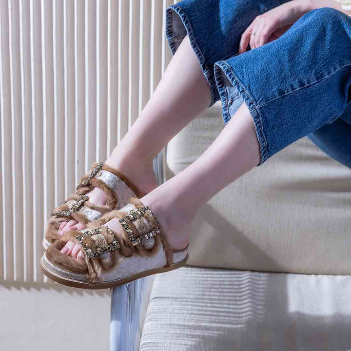 Saint Gemma Crystal Stone Buckles Beige Fur Sandals