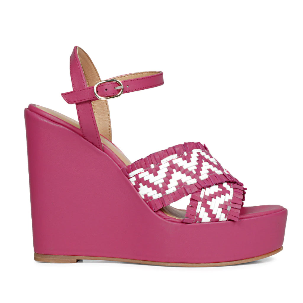 Saint Glenda Hand Woven Hot Pink Leather Wedge Heels