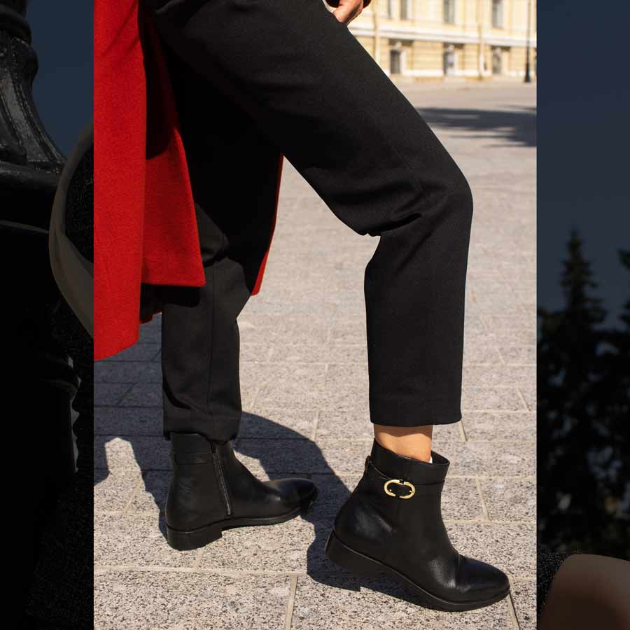 Saint Reese Black Leather Gold Buckle Decor Ankle Boots