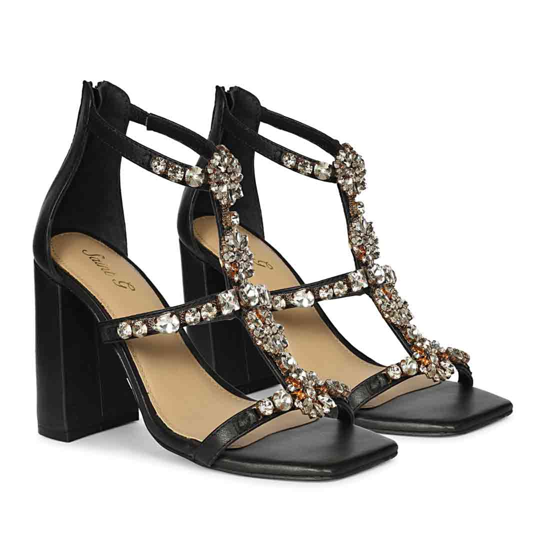 Saint Holly Crystal Stone Black Leather Block Heels