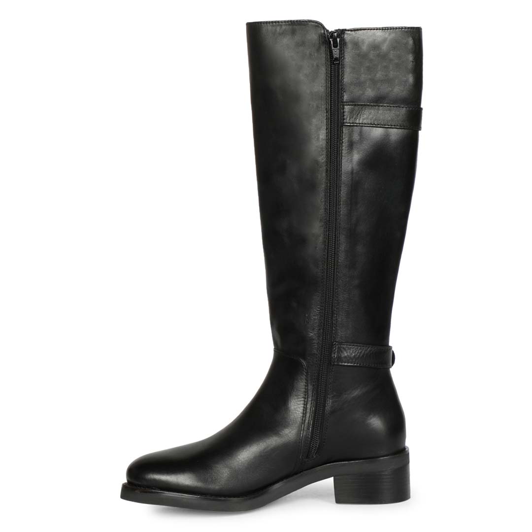Saint Bijoy Buckle Decorative Black Leather Long Boots