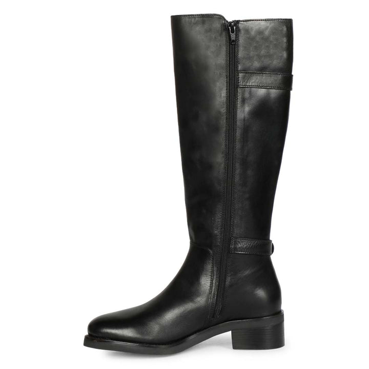 Saint Bijoy Buckle Decorative Black Leather Long Boots