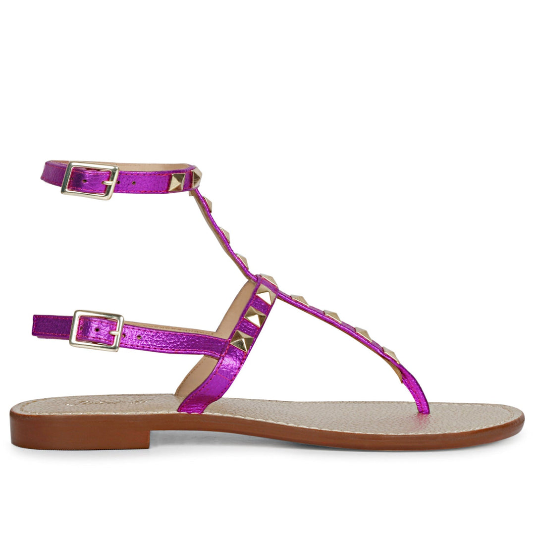 Saint Irene Hot Pink Leather Metal Studded Flat Sandals