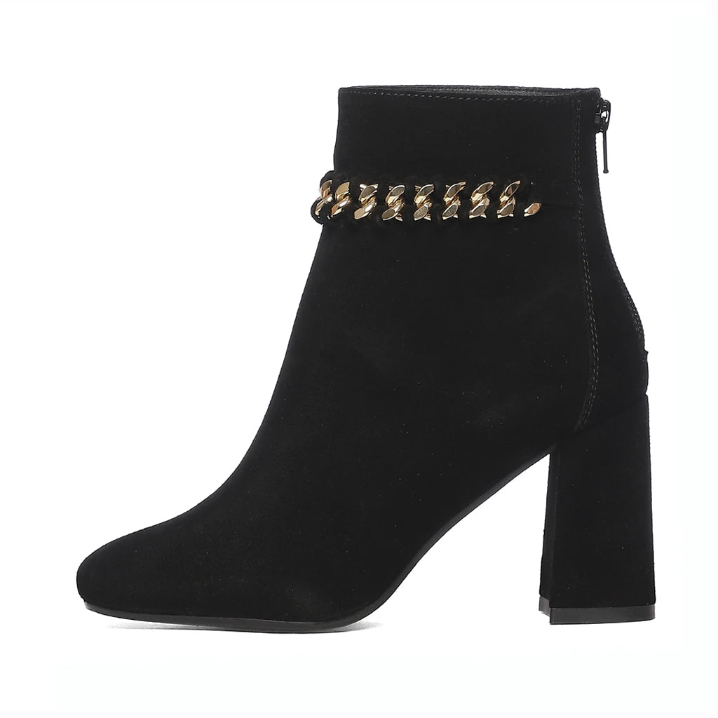 Amica Black Leather Metal Chain Décor Boots