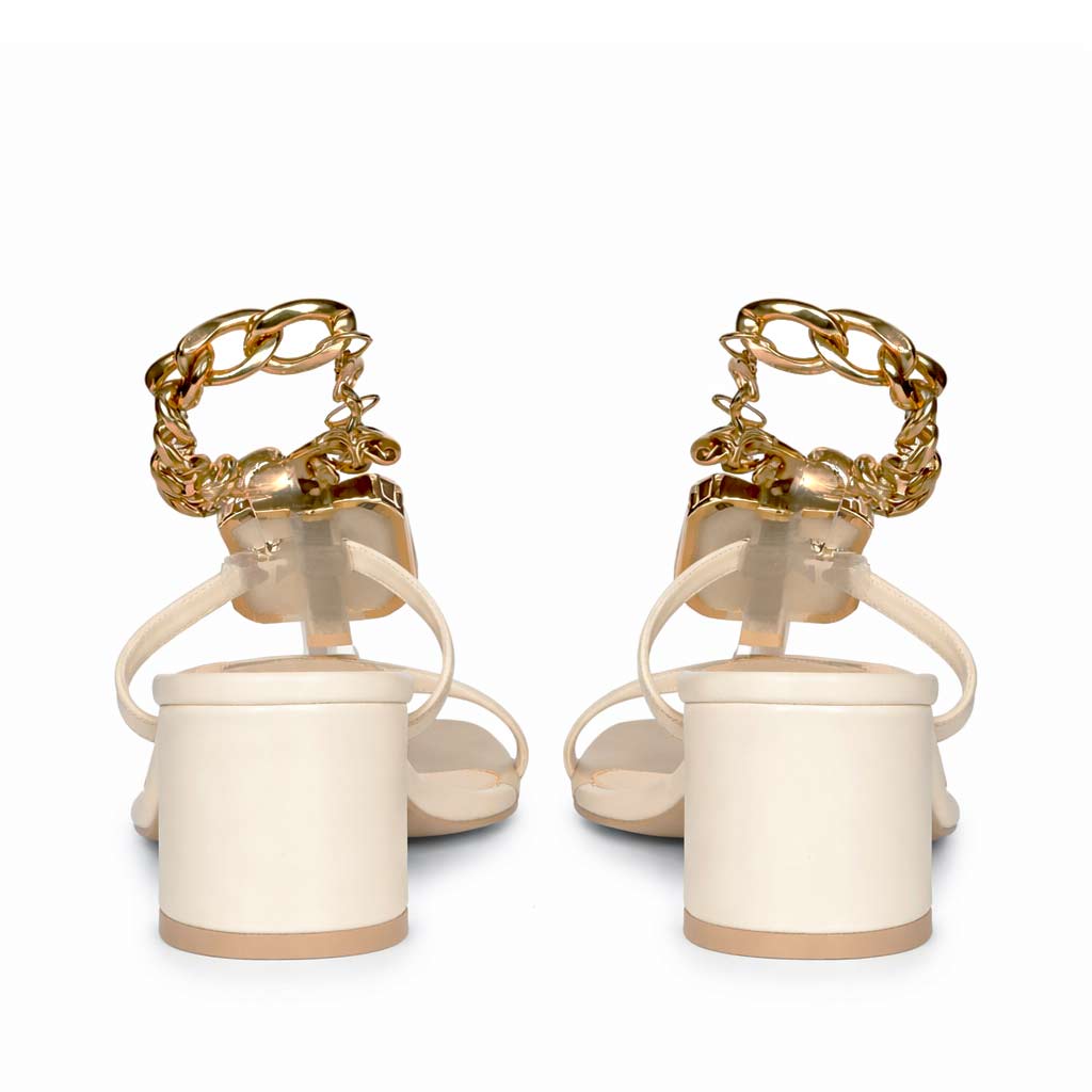 Saint Gaelle Crystal Off White Leather Chain Block Heels