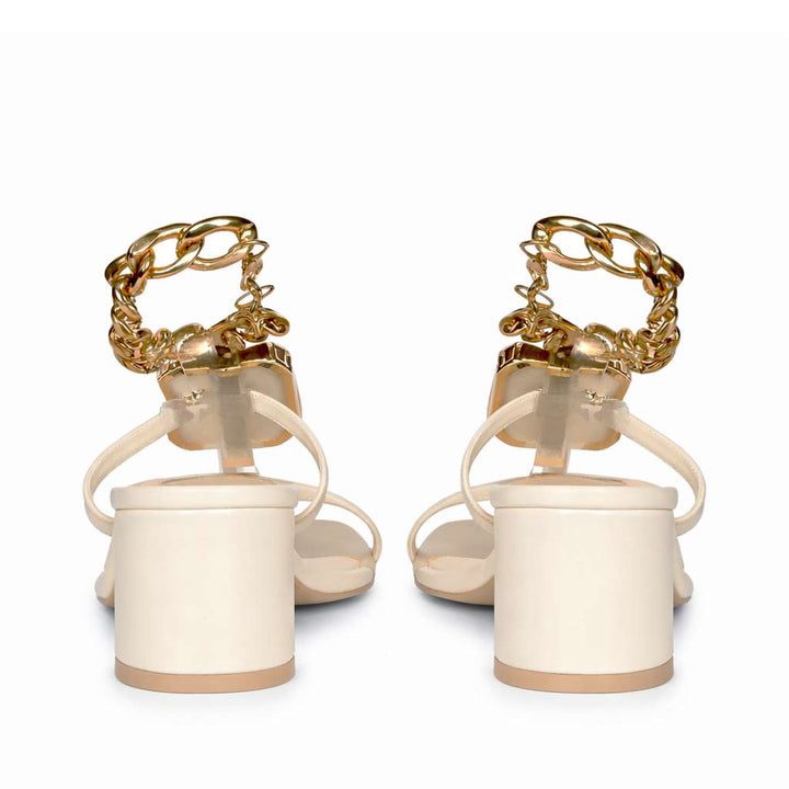 Saint Gaelle Crystal Off White Leather Chain Block Heels